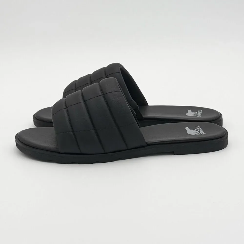 Sorel Ella III Quilted Puff Leather Black Slides - US Women’s Size 9 / EU 40 //